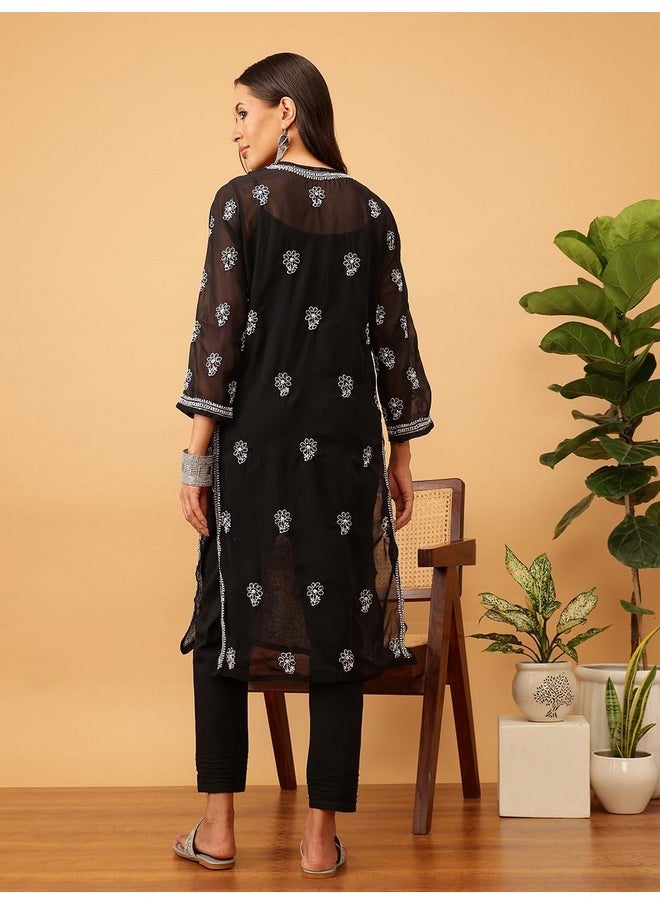 ADA - Ada Lucknowi Hand Embroidered Chikankari Straight Georgette Kurti Kurta for Women A151043 Black (L) - Image 1