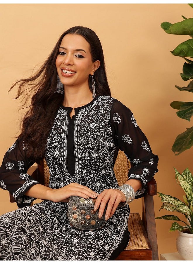 ADA - Ada Lucknowi Hand Embroidered Chikankari Straight Georgette Kurti Kurta for Women A151043 Black (L) - Image 1