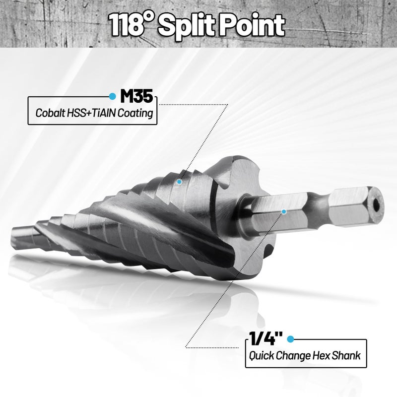 IRONANT Cobalt M35 Step Drill Bit 3/16"" To 7/8""  Tialn Coating 4 Spiral Flute Step Bit For Stainless Steel  Metal  Aluminum  Plastic - Image 2