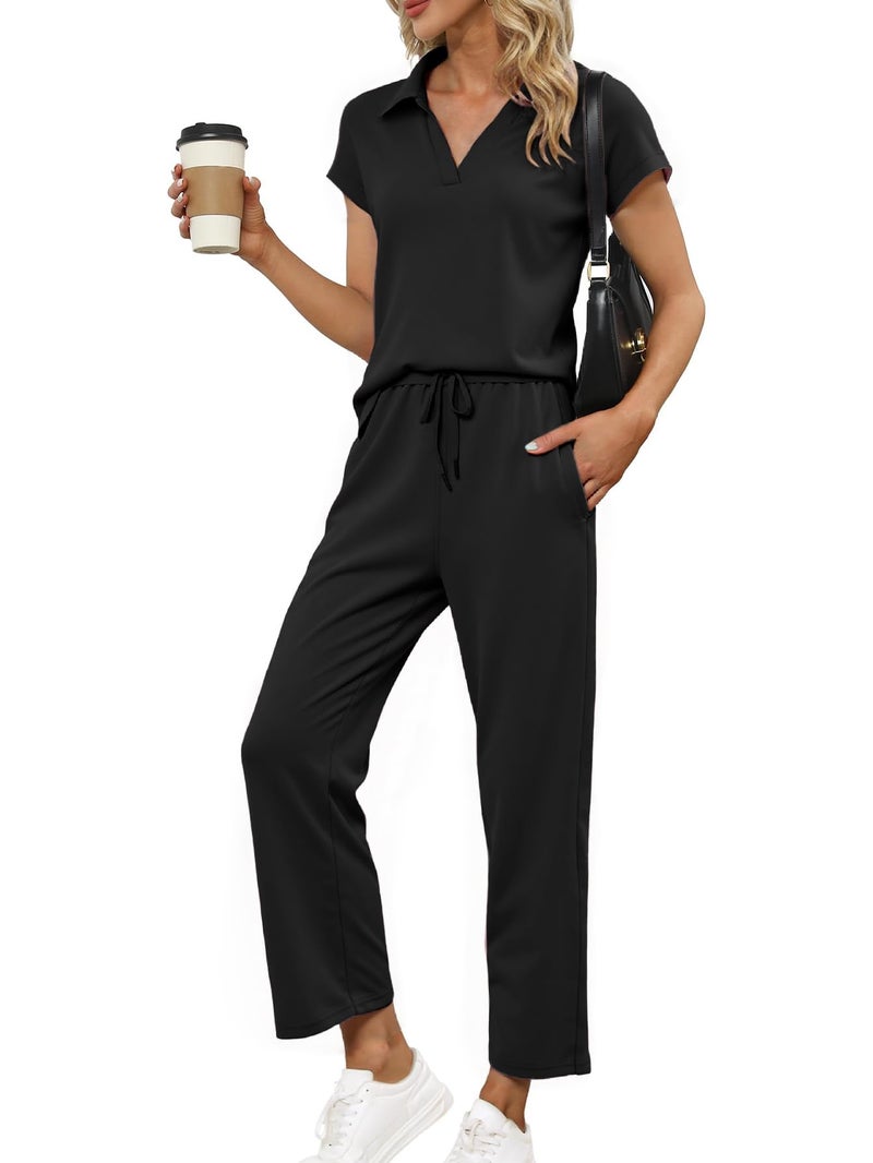 Glamaker Women 2 Piece Loung Set Summer Polo V Neck Top Pant Two Piece Sweatsuit Casual Sweat Suit Loose Matching Outfit(Black,Medium) - Image 1