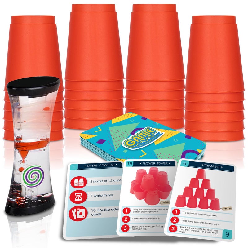 Gamie Stacking Cups Game for Kids Set Includes 24 Cups 18 Fun Challenging Cards and Water Timer Family Games for Kids and Adults Indoor Recess Game for Classroom Gifts for Boys and Girls - Image 2