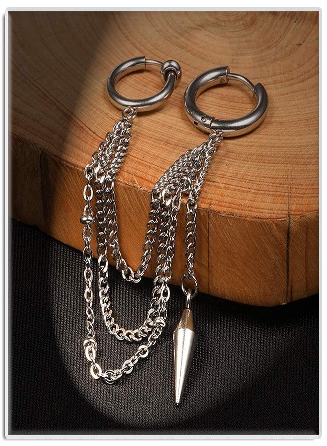 Xusamss Punk Jewelry Stainless Steel Huggie Hinged Earrings Spike Tassel Long Chain Dangle Drop Earrings - Image 4