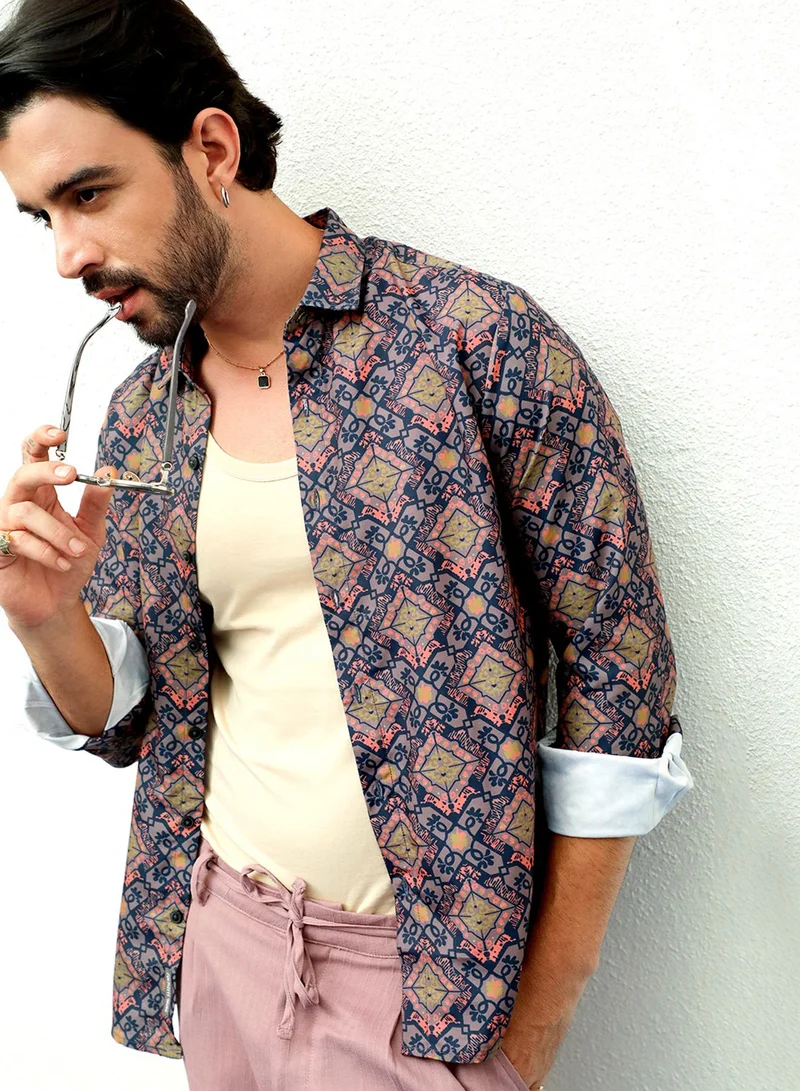 Campus Sutra Campus Sutra Men's Heather Purple Ethnic Geometric Shirt For Casual Wear | Spread Collar | Long Sleeve | Button Closure | Shirt Crafted With Comfort Fit For Everyday Wear