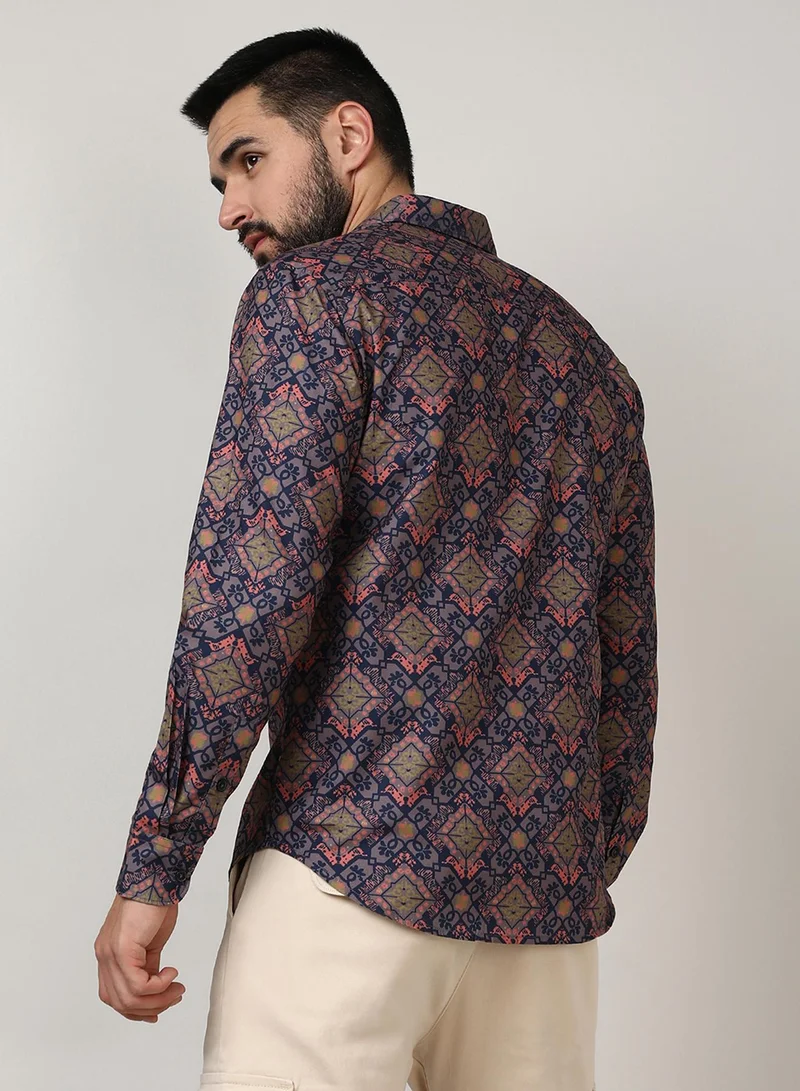Campus Sutra Campus Sutra Men's Heather Purple Ethnic Geometric Shirt For Casual Wear | Spread Collar | Long Sleeve | Button Closure | Shirt Crafted With Comfort Fit For Everyday Wear