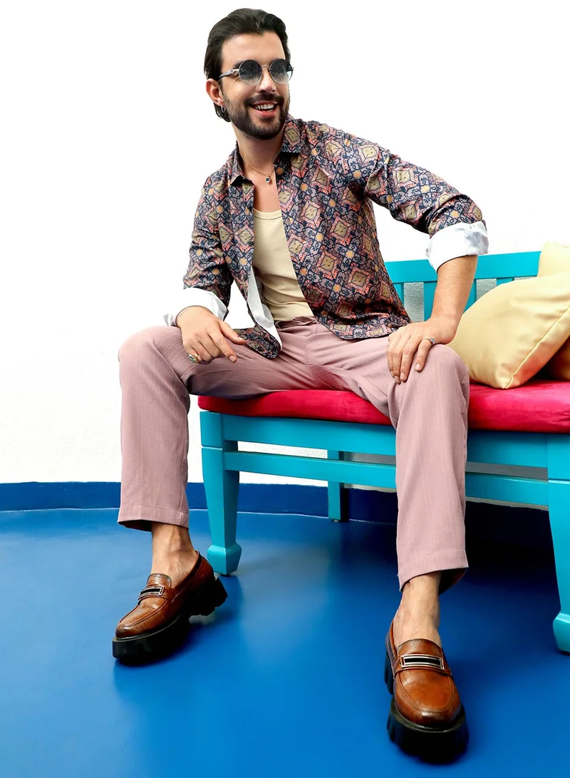 Campus Sutra Campus Sutra Men's Heather Purple Ethnic Geometric Shirt For Casual Wear | Spread Collar | Long Sleeve | Button Closure | Shirt Crafted With Comfort Fit For Everyday Wear