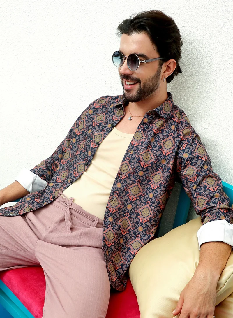 Campus Sutra Campus Sutra Men's Heather Purple Ethnic Geometric Shirt For Casual Wear | Spread Collar | Long Sleeve | Button Closure | Shirt Crafted With Comfort Fit For Everyday Wear