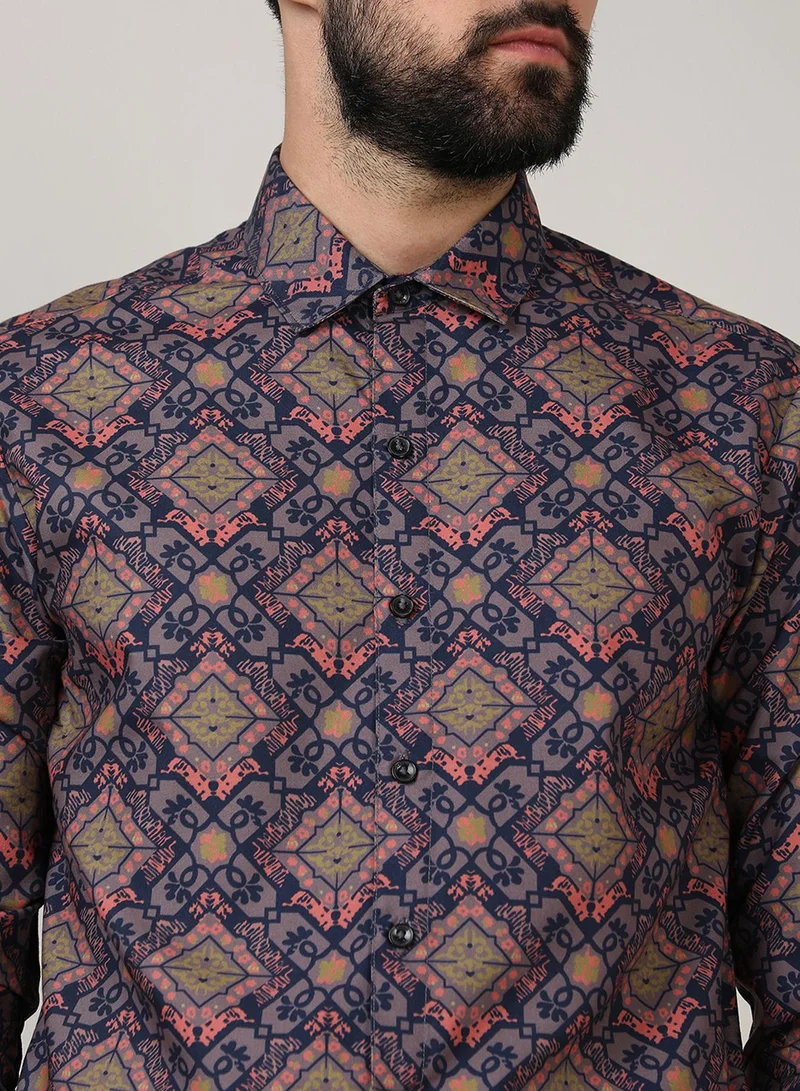 Campus Sutra Campus Sutra Men's Heather Purple Ethnic Geometric Shirt For Casual Wear | Spread Collar | Long Sleeve | Button Closure | Shirt Crafted With Comfort Fit For Everyday Wear