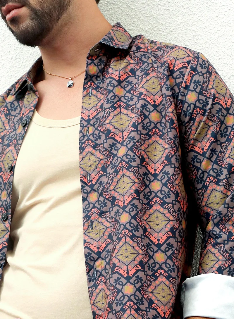 Campus Sutra Campus Sutra Men's Heather Purple Ethnic Geometric Shirt For Casual Wear | Spread Collar | Long Sleeve | Button Closure | Shirt Crafted With Comfort Fit For Everyday Wear