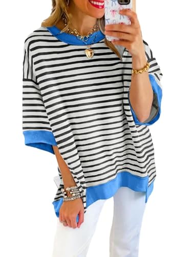 Shein SHEWIN Shirts for Women 2025 Loose Short Sleeve Sweatshirt Cute Womens Summer Tops Dressy Casual Crewneck Color Block Tee Shirt Trendy Fall Outfits Black Stripe XL - Image 1