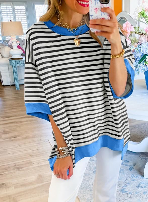 Shein SHEWIN Shirts for Women 2025 Loose Short Sleeve Sweatshirt Cute Womens Summer Tops Dressy Casual Crewneck Color Block Tee Shirt Trendy Fall Outfits Black Stripe XL - Image 3