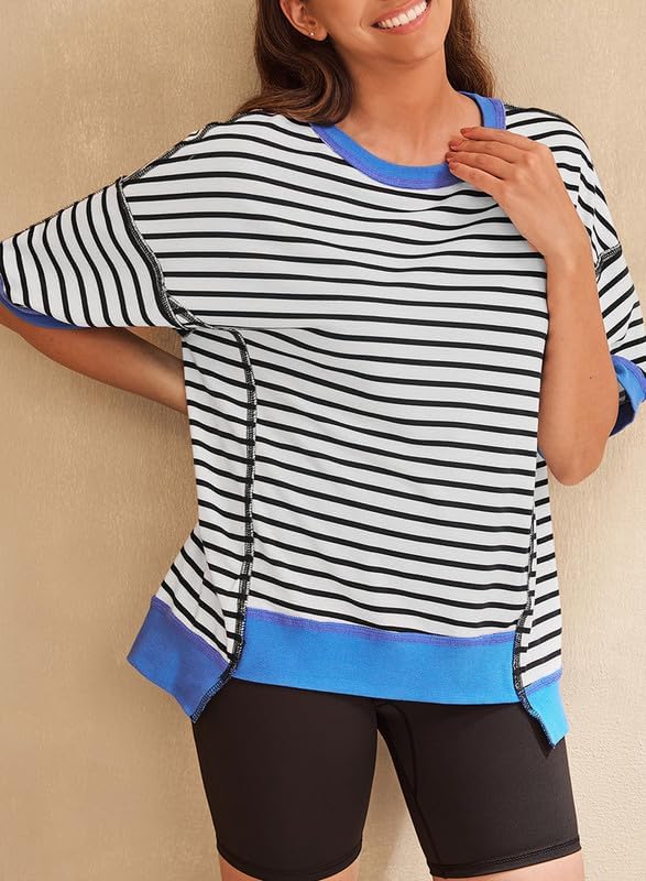 Shein SHEWIN Shirts for Women 2025 Loose Short Sleeve Sweatshirt Cute Womens Summer Tops Dressy Casual Crewneck Color Block Tee Shirt Trendy Fall Outfits Black Stripe XL - Image 5
