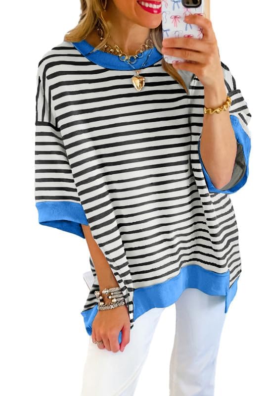 Shein SHEWIN Shirts for Women 2025 Loose Short Sleeve Sweatshirt Cute Womens Summer Tops Dressy Casual Crewneck Color Block Tee Shirt Trendy Fall Outfits Black Stripe XL - Image 2