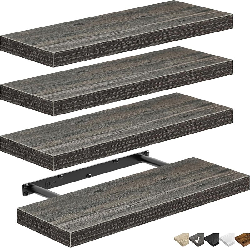 QEEIG Grey Floating Shelves Bathroom Shelf Bedroom Kitchen Rustic Small Book Shelf for Wall Set of 4 (015-GY4), FS015 - Image 1