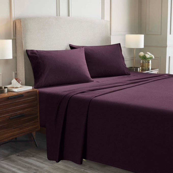 PAISLEY OR SOLID FLANNEL COTTON SHEET SET FUZZY WARM SHEETS TRADITIONAL BOHEMIAN BEDDING INCLUDES 1 FLAT SHEET 1 ELASTIC DEEP POCKET FITTED SHEET 2 PILLOWCASES KING PURPLE