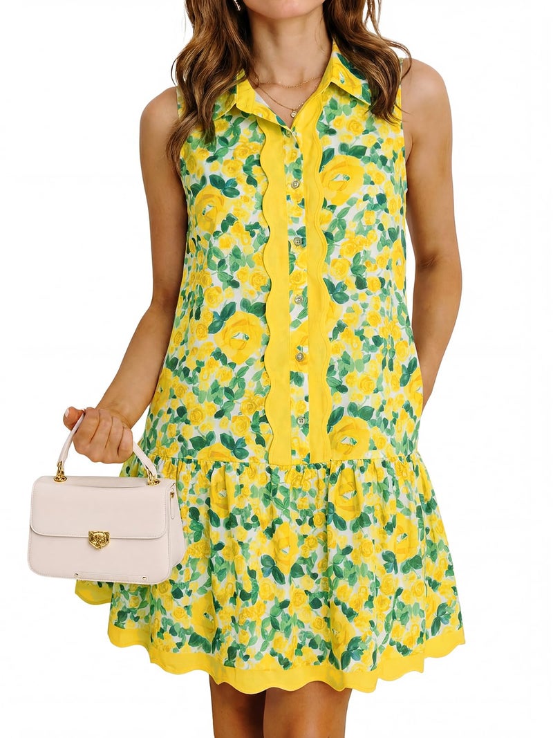 Cicy Bell Womens Floral Mini Dress Summer Casual V Neck Sleeveless Boho Dresses Ruffle Beach Vacation Outfits Yellow - Image 1