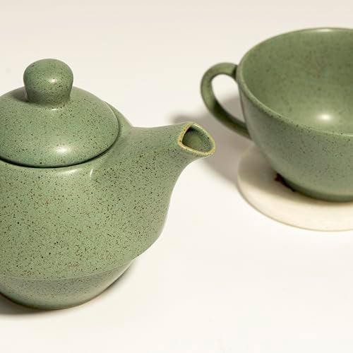 Beyond Homes Ceramic Tea Pot Kettle | Elegant Stackable Design | 1 Cup Ceramic Kettle Set - 300 ML Capacity | Chip-Resistant Tea Pot Set with Cup | Metallic Glazed Shades (Pastel Green) - Image 3
