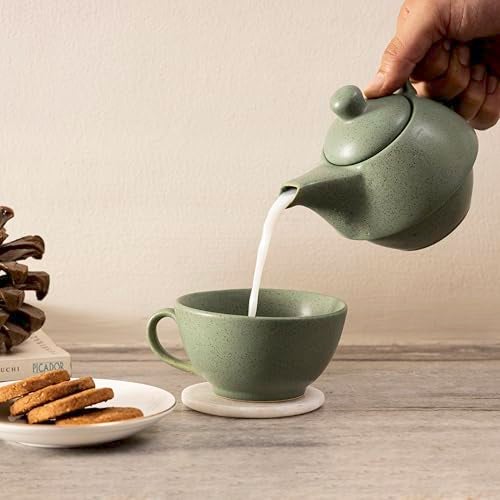 Beyond Homes Ceramic Tea Pot Kettle | Elegant Stackable Design | 1 Cup Ceramic Kettle Set - 300 ML Capacity | Chip-Resistant Tea Pot Set with Cup | Metallic Glazed Shades (Pastel Green) - Image 1