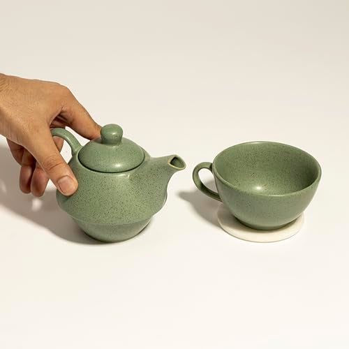 Beyond Homes Ceramic Tea Pot Kettle | Elegant Stackable Design | 1 Cup Ceramic Kettle Set - 300 ML Capacity | Chip-Resistant Tea Pot Set with Cup | Metallic Glazed Shades (Pastel Green) - Image 5