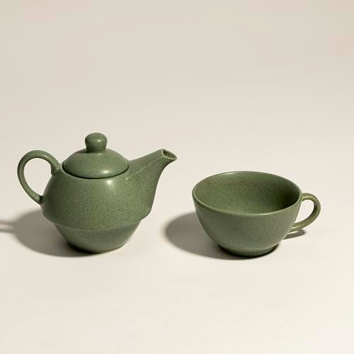 Beyond Homes Ceramic Tea Pot Kettle | Elegant Stackable Design | 1 Cup Ceramic Kettle Set - 300 ML Capacity | Chip-Resistant Tea Pot Set with Cup | Metallic Glazed Shades (Pastel Green) - Image 2