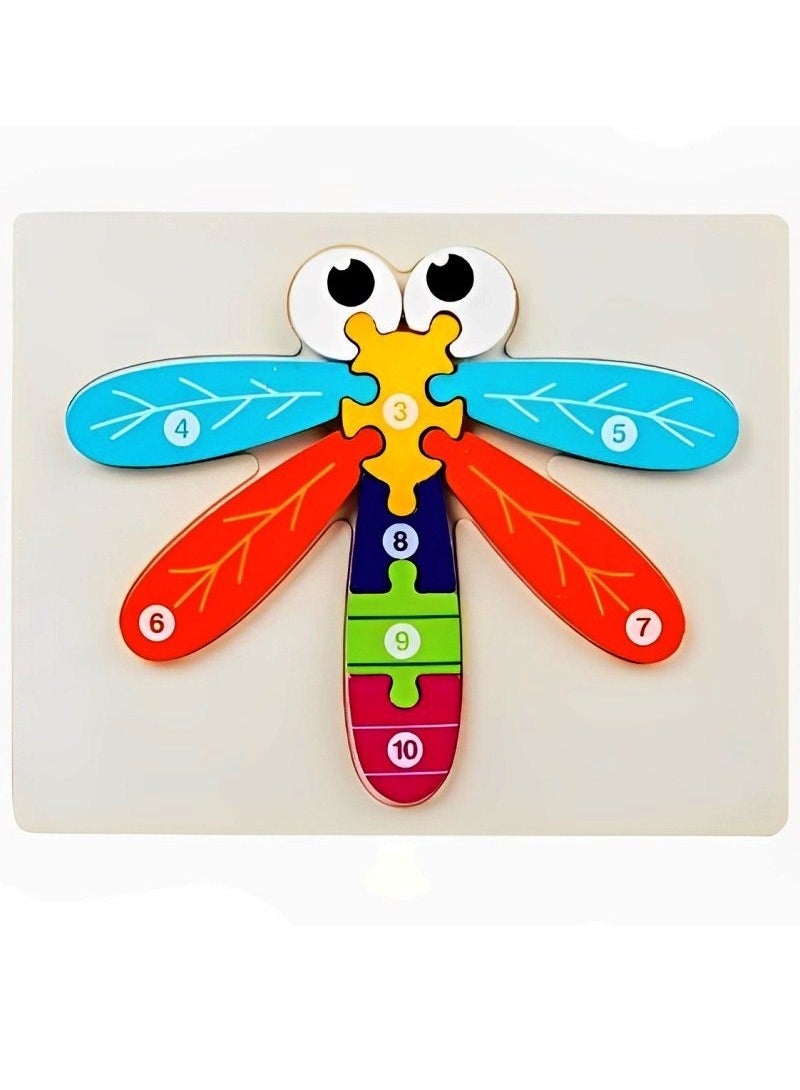 ألغاز خشبية ثلاثية الأبعاد مصممة بأشكال حيوانات ملونة للأطفال، أدوات دعم التعليم المبكر للآباء والمعلمين، ألوان وأنماط جذابة، صممت لتنمية المهارات الحركية من مونتيسوري، هدايا رائعة  (شكل اليعسوب) - Image 1