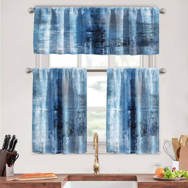 MCALK Blue Kitchen Curtains Tiers and Valances Set 3 Piece for Windows Grey Kitchen Window Curtains Set,Modern Abstract Art Valances for Living Room(36" Tiers Set) - Image 1