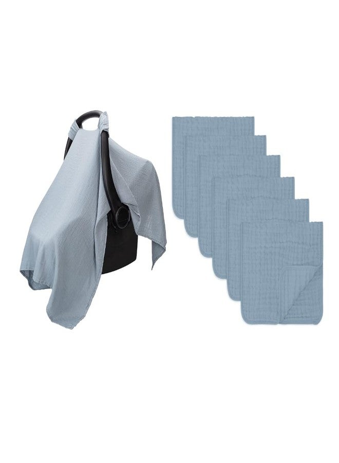 Comfy Cubs Muslin Cotton Baby Car Seat Cover and Burp loth Bundled - Pack of 6 - Pacific Blue - Image 1
