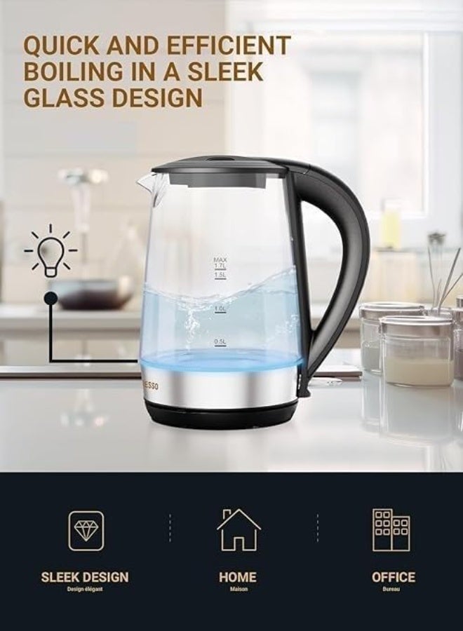7MD Electric Kettle 1.7L Glass, 2200W Fast Boil Water Boiler, LED Light, Auto Shut Off, Boil Dry Protection, Transparent Electric Tea Kettle for Home Kitchen Office Use, BPA Free, Stainless Steel Base - Image 2