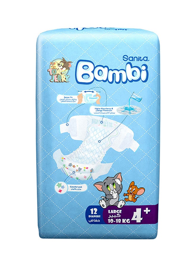 Sanita Bambi Baby Diapers, Size 4+, 10 - 18 Kg, 12 Count - Large, Regular Pack, Now Thinner And More Absorbent - Image 3