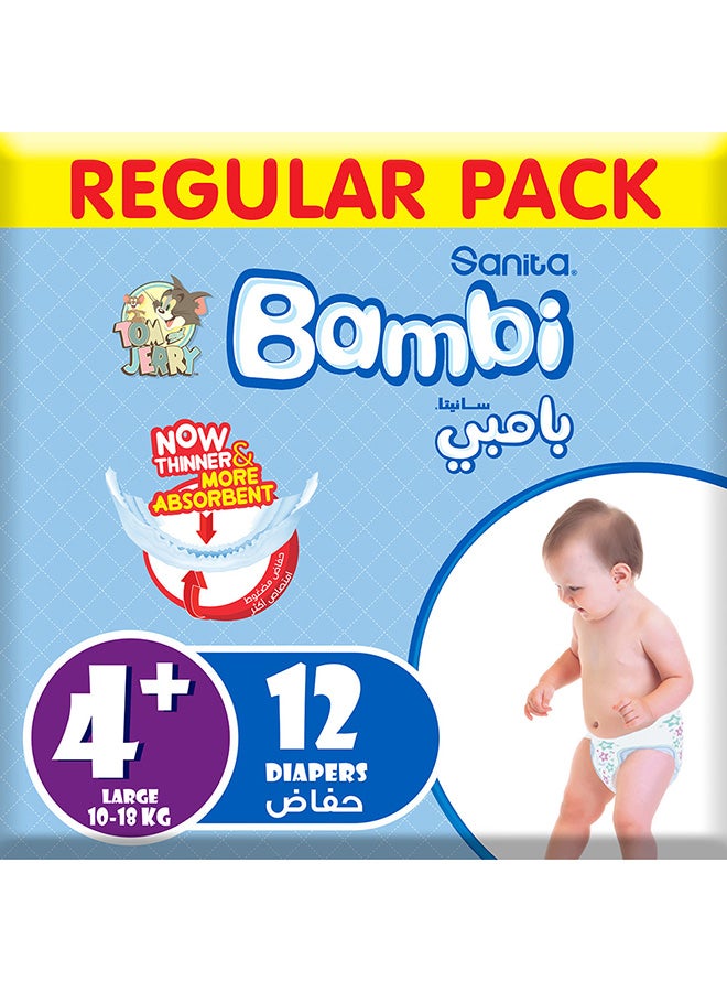 Sanita Bambi Baby Diapers, Size 4+, 10 - 18 Kg, 12 Count - Large, Regular Pack, Now Thinner And More Absorbent - Image 1