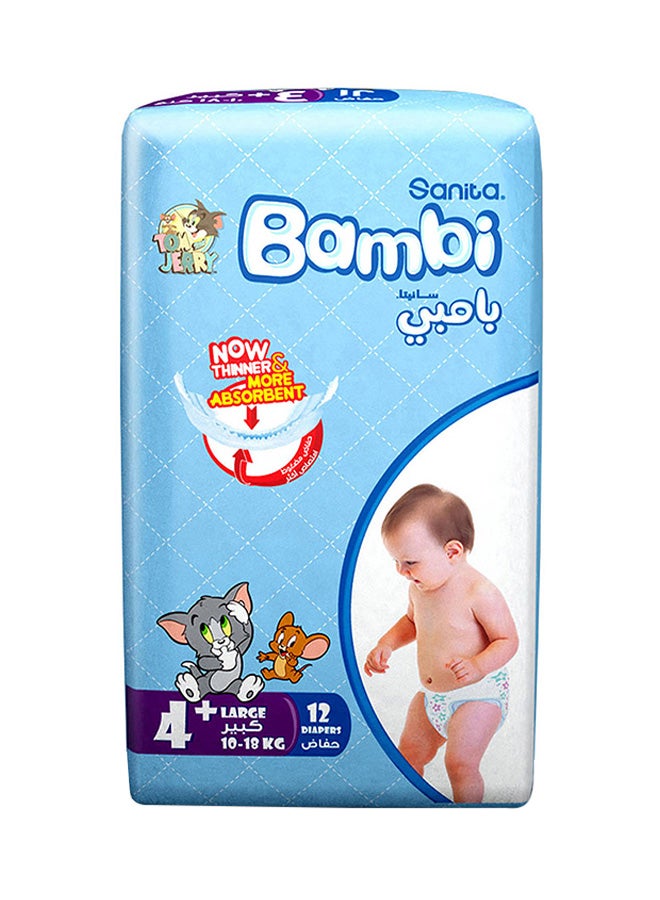 Sanita Bambi Baby Diapers, Size 4+, 10 - 18 Kg, 12 Count - Large, Regular Pack, Now Thinner And More Absorbent - Image 2