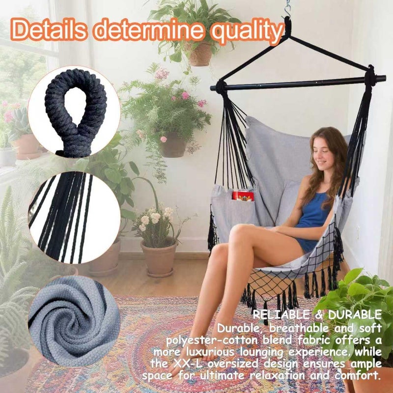 PIRNY Hammock Chair Hanging Rope Swing Chair,Max 500 Lbs, Large Hanging Chair with Pocket, 2 Cushions, Removable Steel Bar, Hardware Kit Included, Superior Comfort for Indoor Outdoor (Dark Grey) - Image 5
