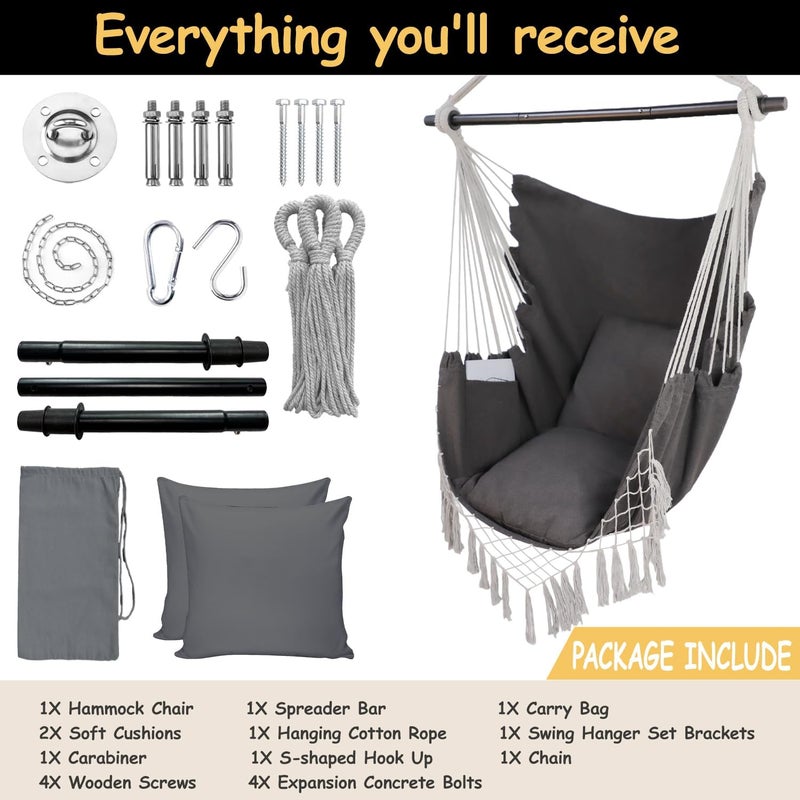 PIRNY Hammock Chair Hanging Rope Swing Chair,Max 500 Lbs, Large Hanging Chair with Pocket, 2 Cushions, Removable Steel Bar, Hardware Kit Included, Superior Comfort for Indoor Outdoor (Dark Grey) - Image 3