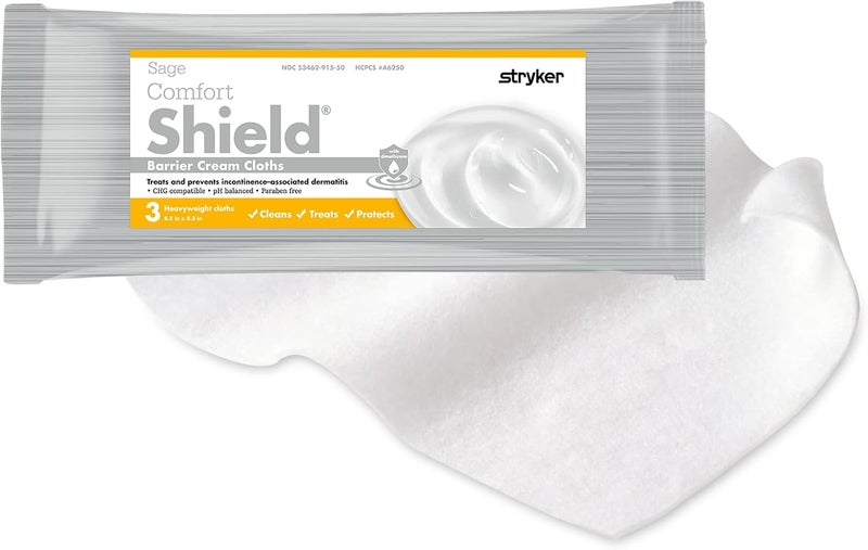 Sage Comfort Shield Barrier Cream Cloths - 3 cloths/pk - Incontinence Skin Care Wipes #7503 (1 Package, 3 Wipes) 