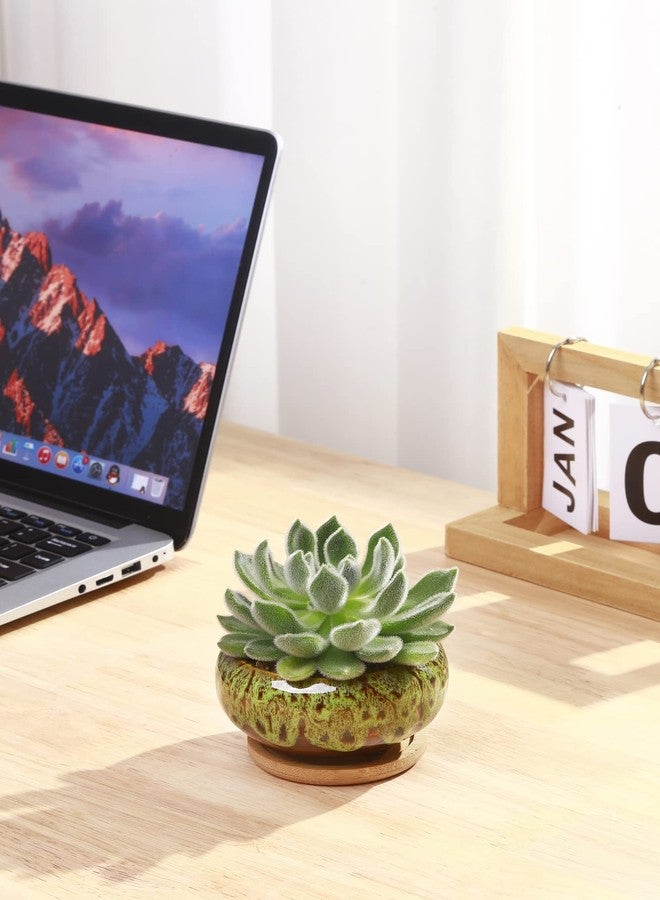 LAMDAWN Cute Ceramic Succulent Pots, 3.7 Inches Planters with Drainage and Bamboo Tray, Set of 5 -Plants Not Included (Vivid Colors) - Image 2