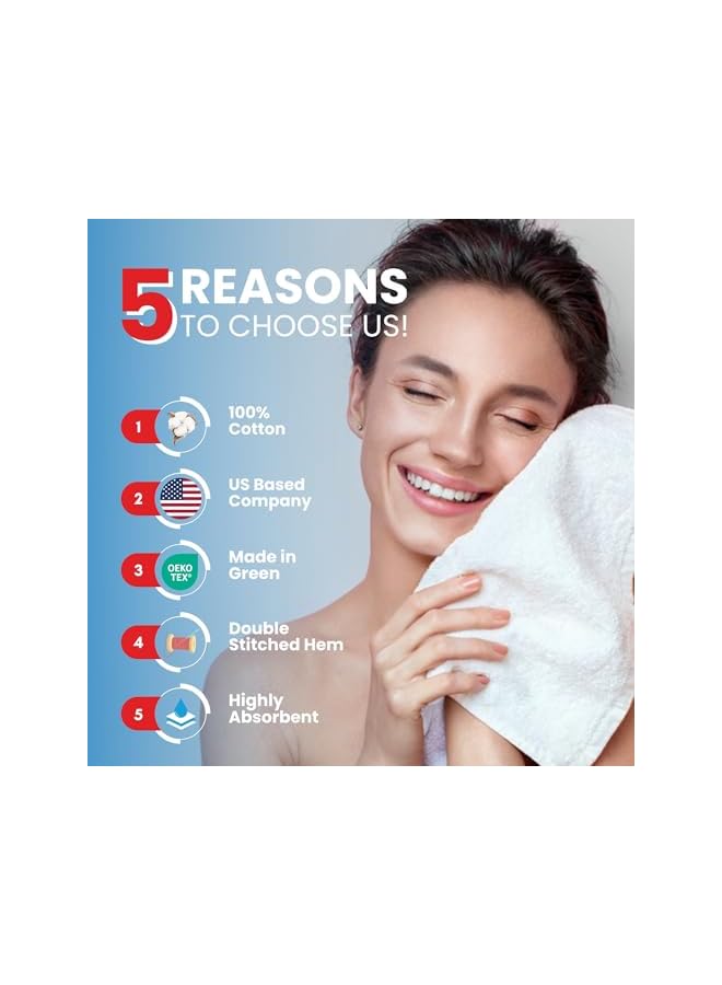 The Bros [12 Pack] Premium White Wash Cloths and Face Towels, 33cm x 33cm 100% Cotton, Soft and Absorbent Washcloths Set - Perfect for Bathroom, Gym, and Spa - Image 2