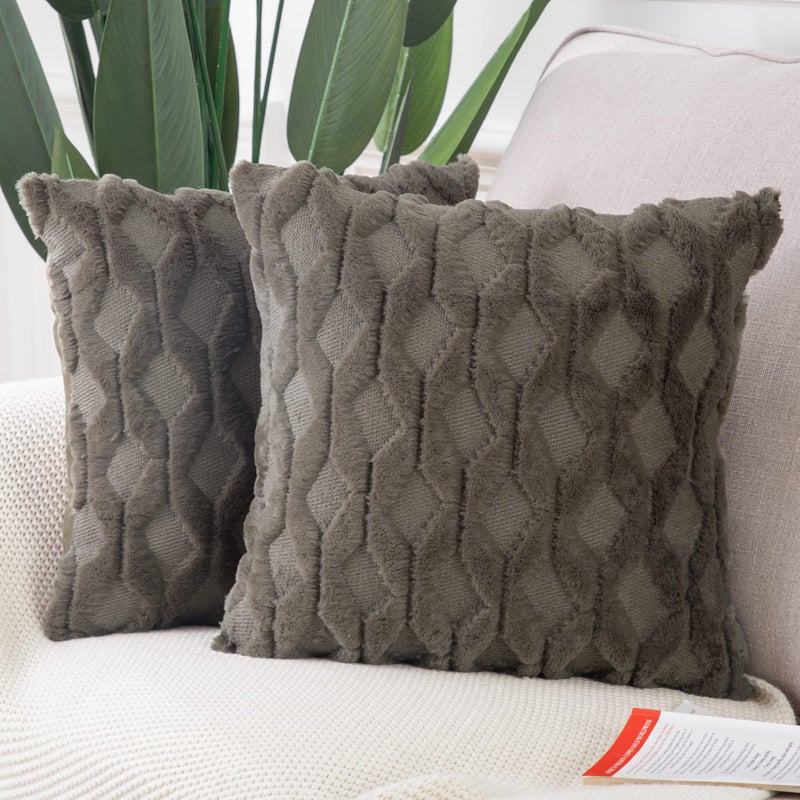MADIZZ Set of 2 Soft Polyester Short Wool Velvet Decorative Throw Pillow Covers 20x20 inch Dark Taupe Square Luxury Style Cushion Cases Pillow Shell for Sofa Bedroom - Image 1