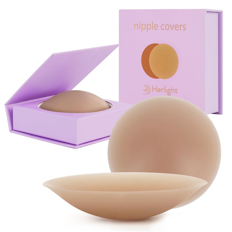 Herlight Nipple Covers for Women â€“ Reusable Sticky, Adhesive Silicone Nipple Covers, Seamless Invisible Washable Design with Travel Box Caramel - Image 1