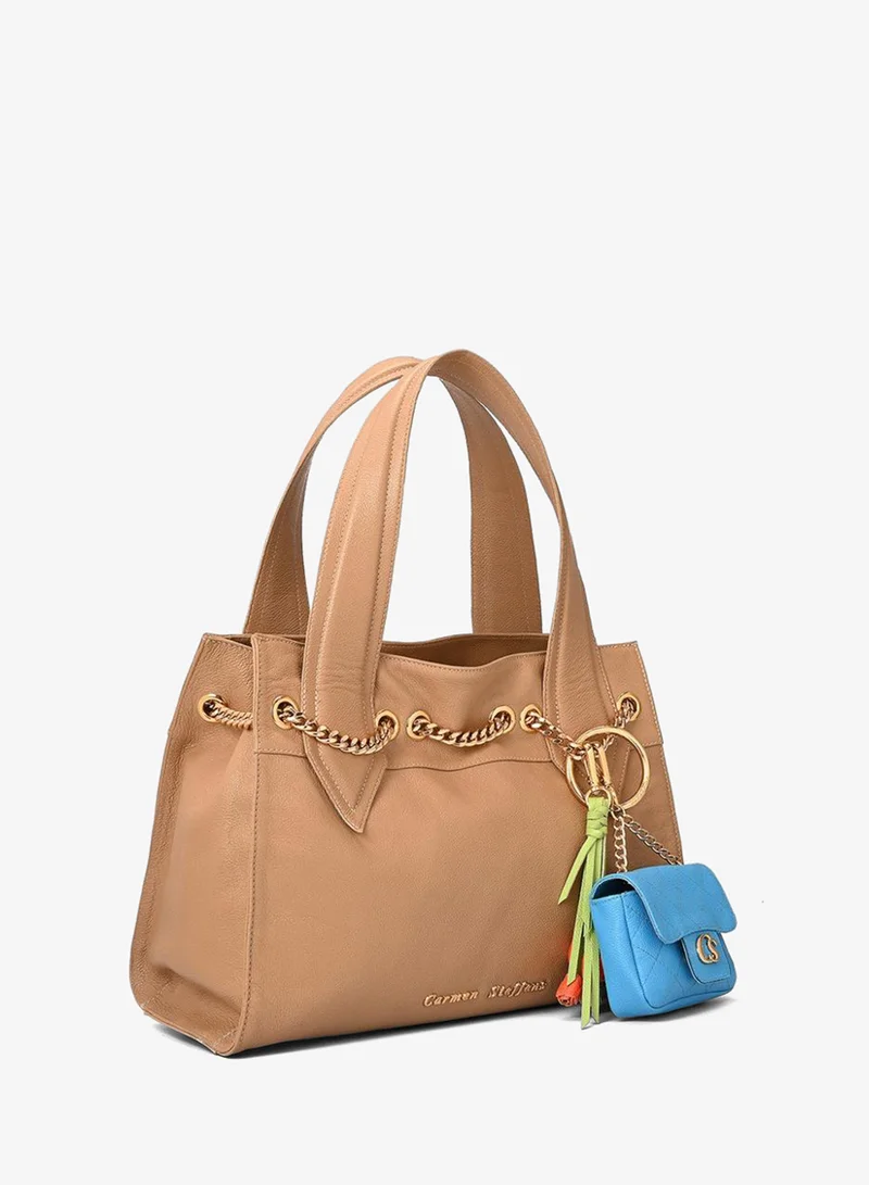 Beige Camel Shoulder Bag with Charm Bag