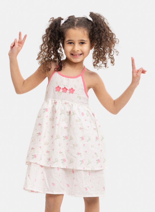 فستان أبيض للبنات بدانتيل على الكتف وطبعة كاملة