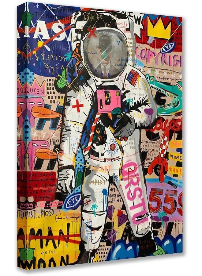 Tucocoo Art Work for Home Walls Creative Astronaut Pictures Street Graffiti Paintings 1 Panel Canvas Pop Art Modern Artwork Home Decor for Living Room Wooden Framed Stretched Ready to Hang 16x24inch - Image 1
