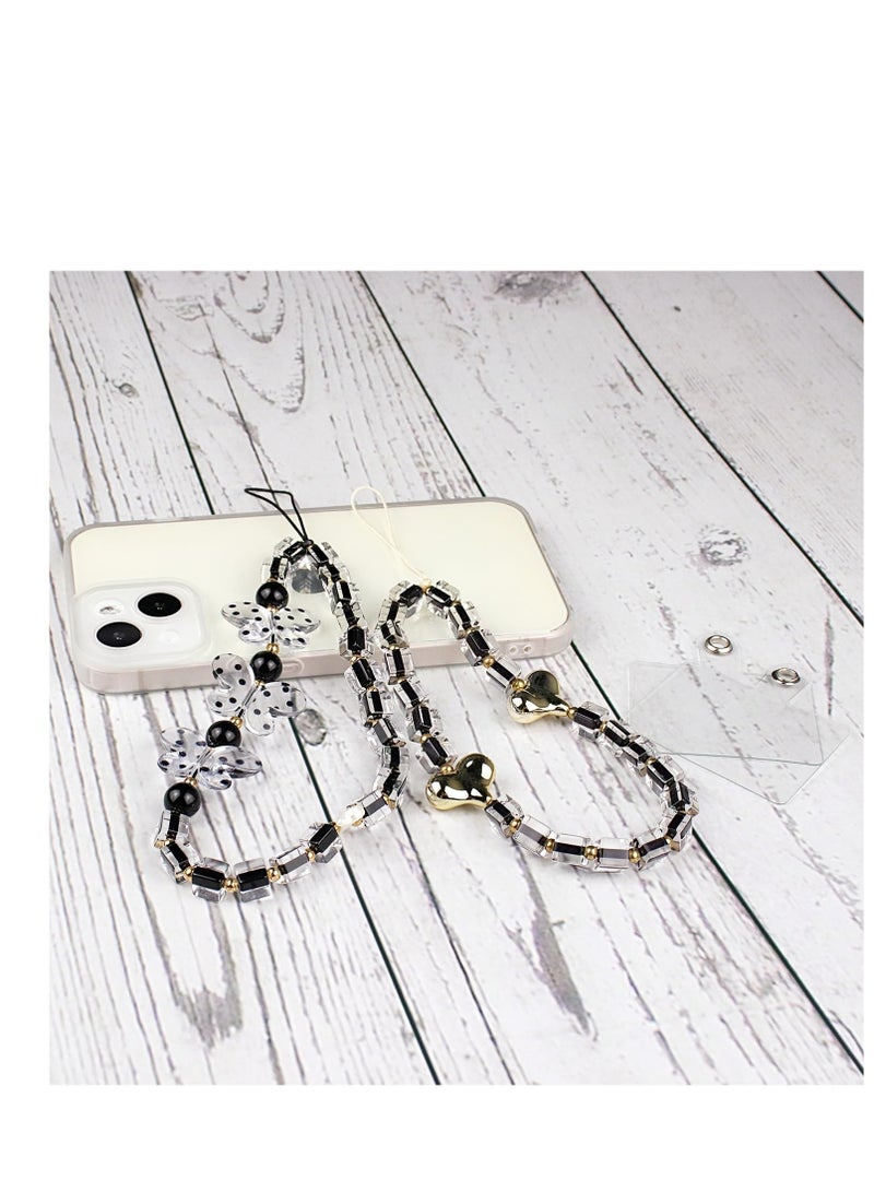 SYOSI 2Pcs Beaded Phone Strap Bracelets, Mobile Phone Charms Crystal Butterfly Heart Hand Wrist Lanyard for Women Girls Phone Keychain Charm - Image 3