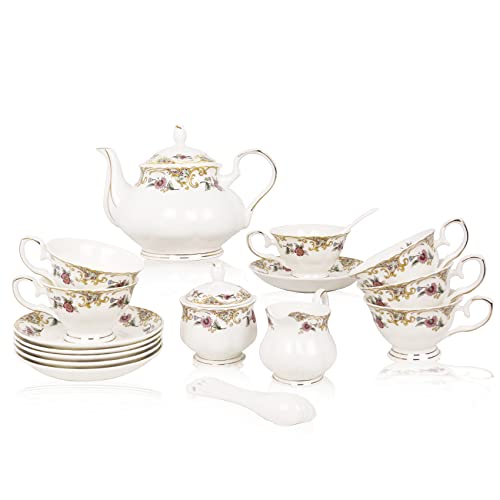 ACMLIFE Bone China Tea Set for Adults White And Floral Fine China Tea Set 21-Piece English Tea Cups Set of 6 for Women Porcelain Tea Set with Teapot, Sugar Bowl,Creamer Pitcher, Tea Party Sets - Image 1