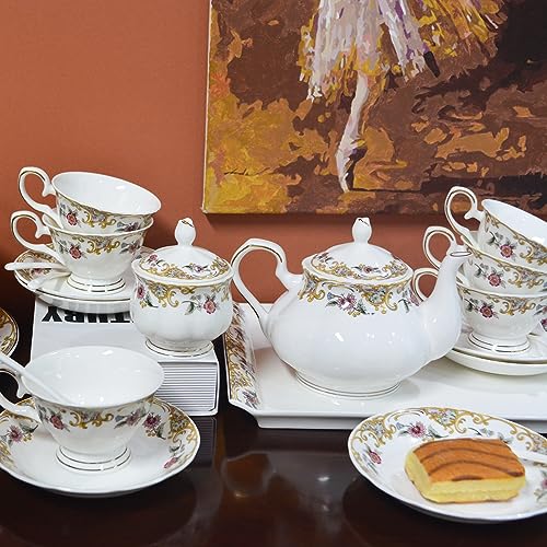 ACMLIFE Bone China Tea Set for Adults White And Floral Fine China Tea Set 21-Piece English Tea Cups Set of 6 for Women Porcelain Tea Set with Teapot, Sugar Bowl,Creamer Pitcher, Tea Party Sets - Image 4