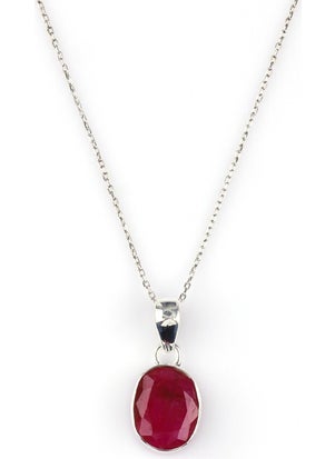 Güneş Avm GÜNEŞAVM Glass Filled Ruby Natural Stone 925 Sterling Silver Necklace 