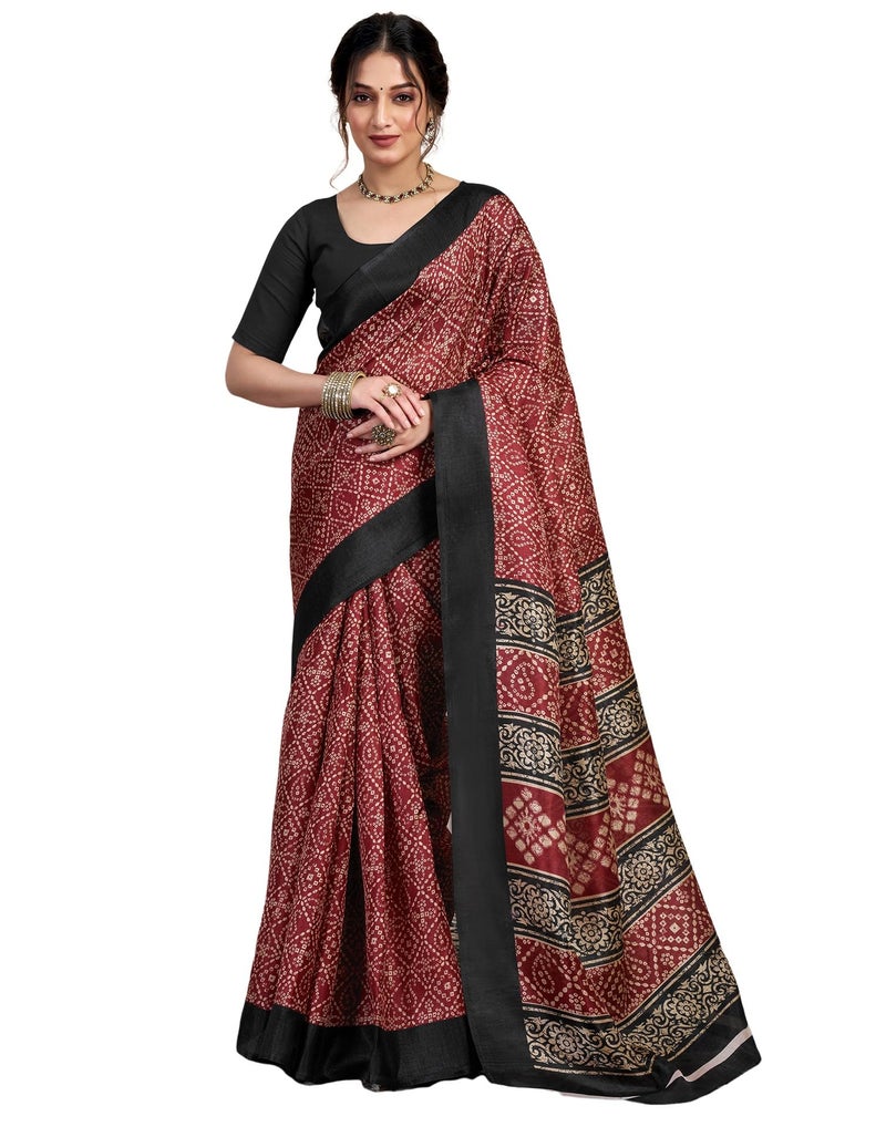 SIRIL Women's Cotton Printed Saree With Unstitched Blouse Piece (4161S243_Maroon) - Image 1