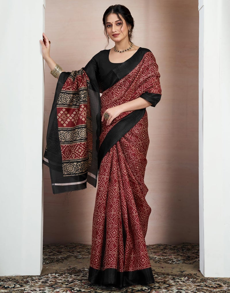 SIRIL Women's Cotton Printed Saree With Unstitched Blouse Piece (4161S243_Maroon) - Image 3