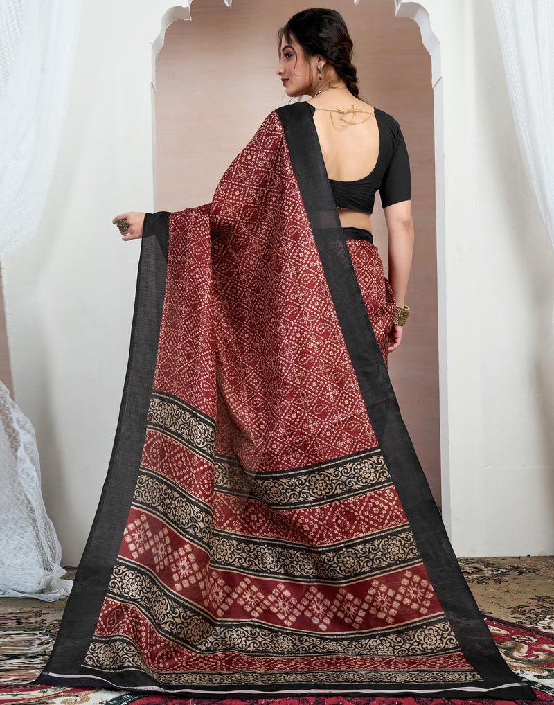 SIRIL Women's Cotton Printed Saree With Unstitched Blouse Piece (4161S243_Maroon) - Image 4