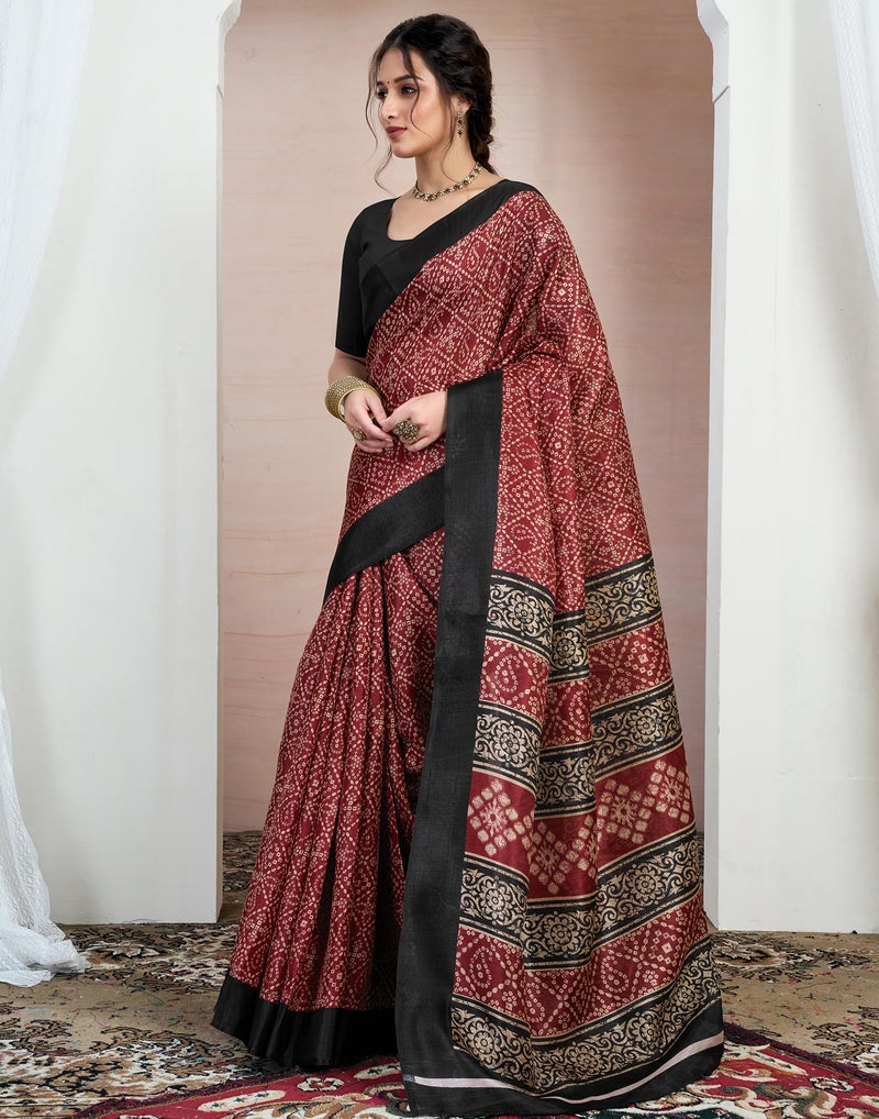 SIRIL Women's Cotton Printed Saree With Unstitched Blouse Piece (4161S243_Maroon) - Image 2