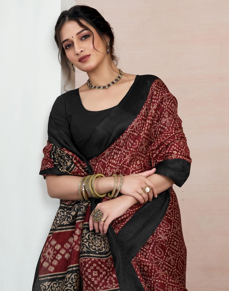 SIRIL Women's Cotton Printed Saree With Unstitched Blouse Piece (4161S243_Maroon) - Image 5