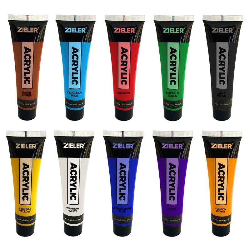Zieler Premium Acrylic Paint Set (10 Tubes - 38ml - Essential Colours) Ideal for Paper, Canvas, Wood, Ceramic, Fabric & Crafts. Vibrant Colours & Rich Pigments - Image 3